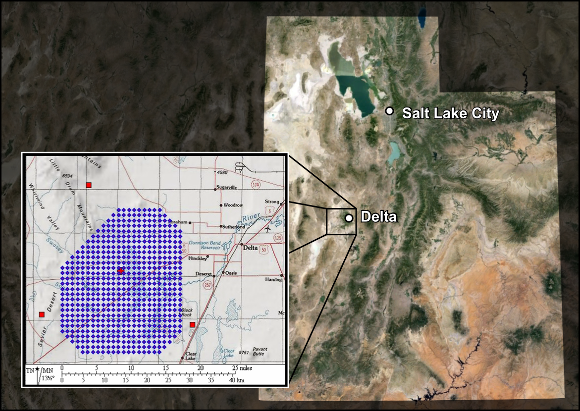 Map showing the location of the Telescope Array in Southern Utah.